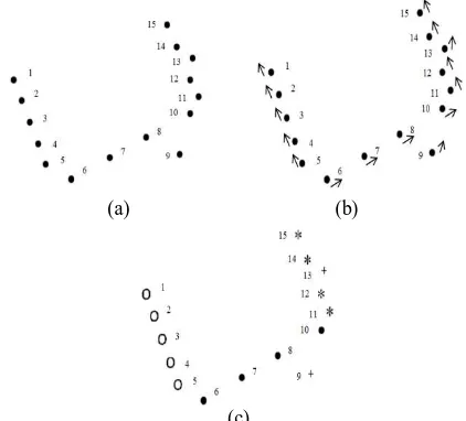 Figure 2. Breaking a scan line into different scan profiles: (a) points on a scan line; (b) direction vectors of each point and (c) the final outcome (different symbols indicate different scan profiles) 