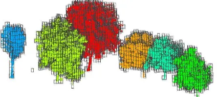 Figure 3. Left: input point cloud. Middle: points whose scatter surpasses their linearity and planarity; Right: individual tree separationresults.