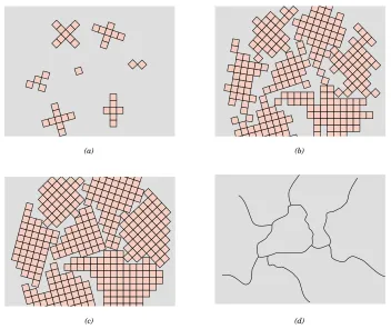 FIGURE 3.33Schematic diagrams of the various stages in the solidiﬁcation of apolycrystalline material; the square grids depict unit cells