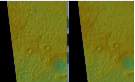 Figure 3. An example of the MER-A DTM, showing quilting artefact from ASP processing (left) and DTM after initial disparity refinement in CASP-GO (right)