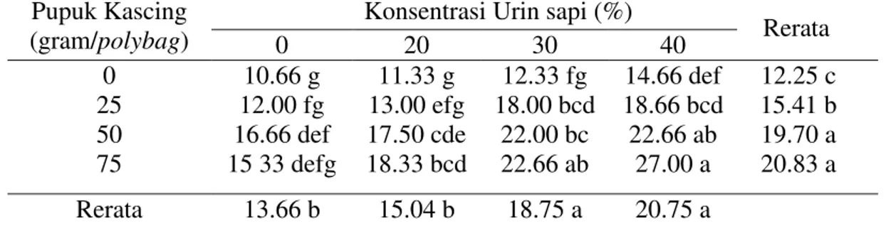 Tabel 6. Rerata berat kering kelapa sawit (g) pada perlakukan pupuk kascing dan  urin sapi 
