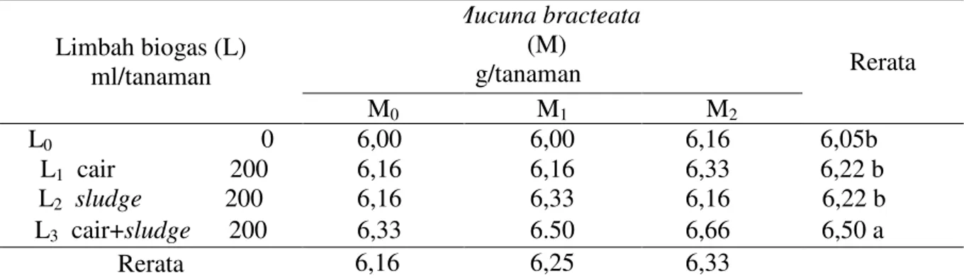 Tabel  2.  Pertambahan  jumlah  daun  bibit  kelapa  sawit  dengan  pemberian  limbah  biogas  dan  mulsa  Mucuna bracteata pada umur 4-7 bulan (cm) 