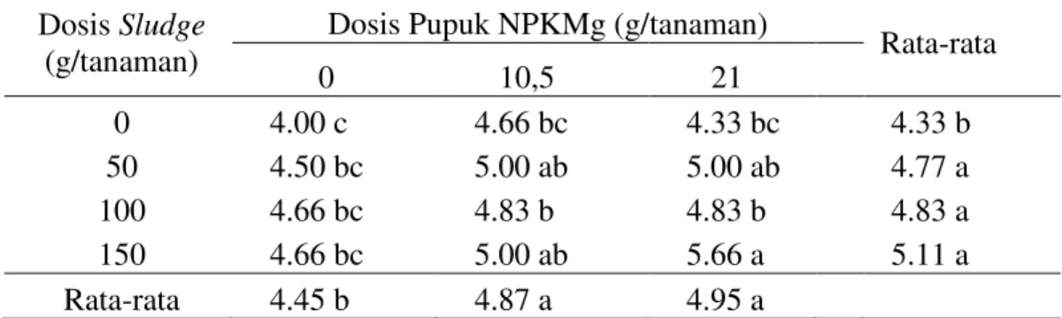 Tabel  2.  Rata-rata  pertambahan  jumlah  daun  bibit  (helai)  kelapa  sawit  umur  6  bulan dengan pemberian sludge dan pupuk NPKMg 