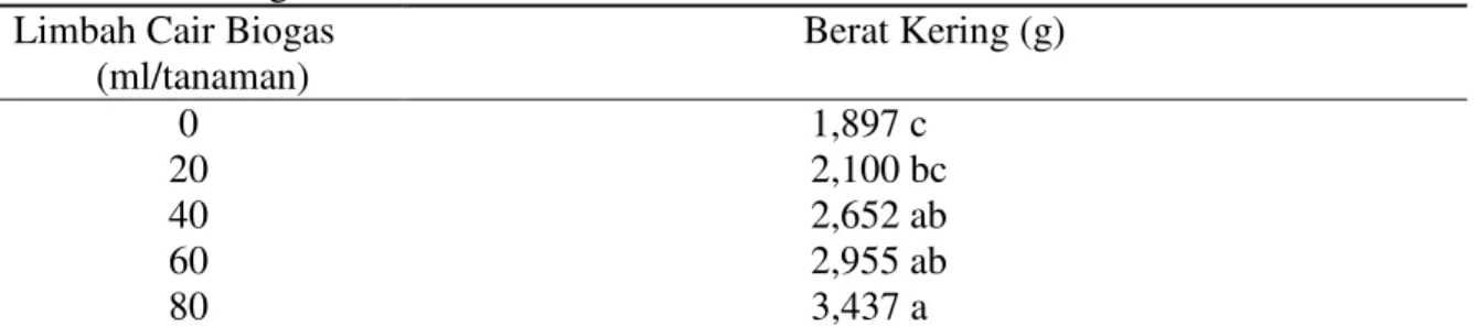 Tabel 5. Rata-rata berat kering bibit kelapa sawit (g) umur 3 bulan dengan pemberian limbah  cair biogas
