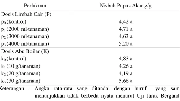 Tabel  4.  Pengaruh  Dosis  Limbah  Cair  dan  Abu  Boiler  Pabrik  Kelapa  Sawit  Terhadap Rata-rata Nisbah Pupus Akar Pada Umur 90 HST 