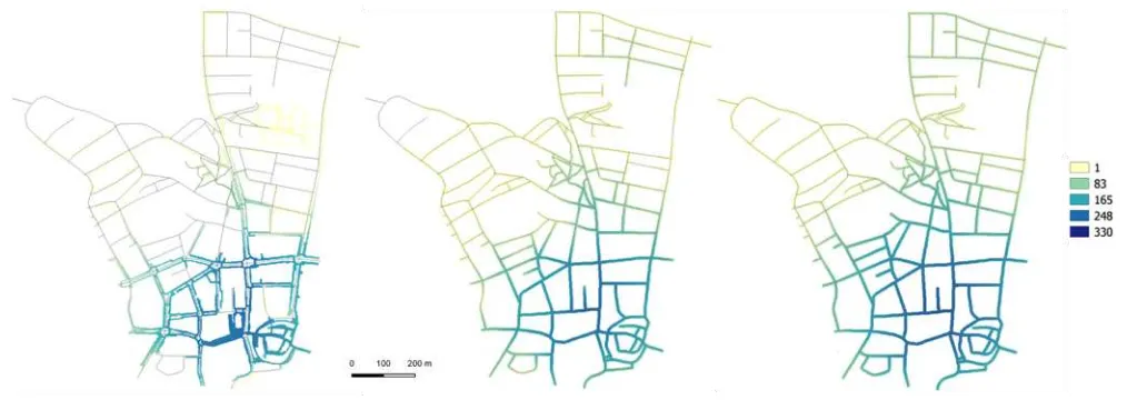 Figure 5. Access-to-destination maps (number of accessible amenities within 400m) calculated based on footpath network 1 
