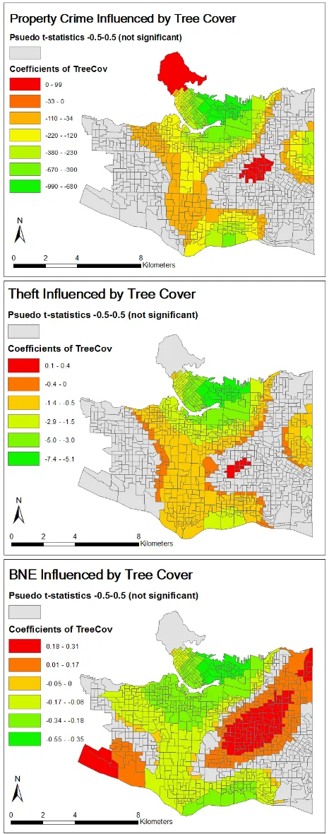 Figure 4. GWR maps showing spatial variation of the local tree coverage coefficients 