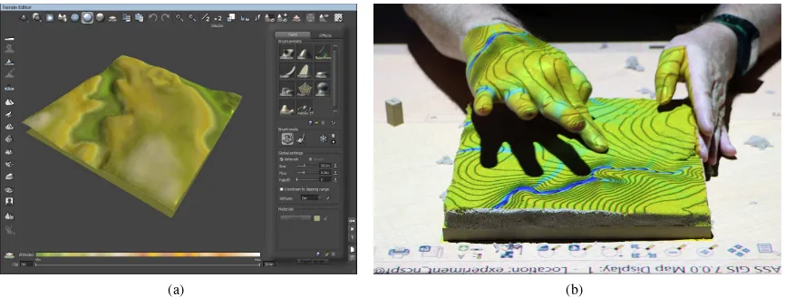 Figure 4: (a) Digitally sculpting with Vue in the 1st exercise and (b) tangibly sculpting with Tangible Landscape in the 2nd exercise