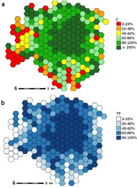 Figure 2. Spatial distribution of C parameter (a) and TP rate (b) in Milan Municipality