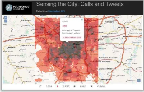 Figure 9. Sensing the city web interface. Data printed on grid: voice traffic from Milano towards Milano from Fri Nov 01 2013 00:00:00 GMT+0100 to Fri Nov 01 2013 23:55:00 GMT+0100 