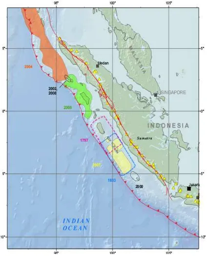 Gambar 3. Zona rupture pada perairan barat Sumatera: 1797, 1833, dan 2000-2008 (Briggs, Rich, 2007) 