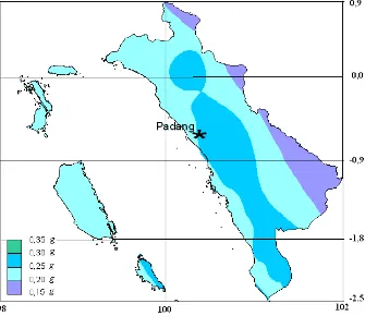 Gambar 10. Peta spektral percepatan periode 0,2 detik di batuan dasar pada periode ulang 500 tahun wilayah propinsi Sumatera Barat 