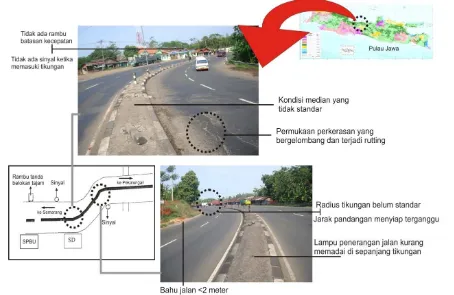 Gambar 2. Sketsa dan foto lapangan lokasi rawan kecelakaan di jalan nasional KM 78-KM 79 (jurusan Semarang-Cirebon), di Desa Jrakah Payung, Kecamatan Subah, Kabupaten Batang 