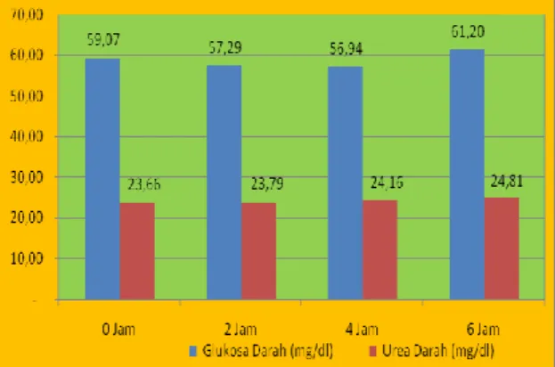 Gambar 1.   Grafik kinetika kadar glukosa dan urea plasma darah (mg/dl)  Sapi  Bali  Jantan  Fase  Finishing  pada  penggemukan  dengan  Hijauan (Greenlot fattening)