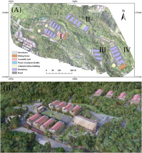 Figure 1. (A)The overview map of the study site (map projection: TWD 97); (B) The 2.5D map of the dormitory area I