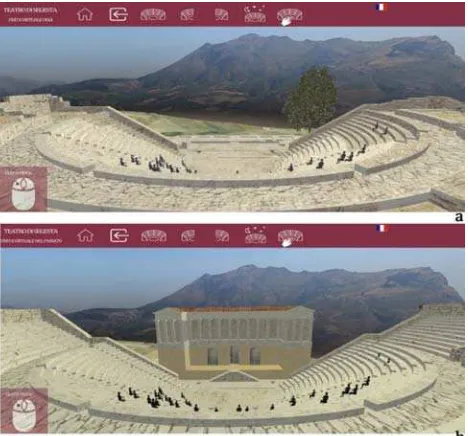 Figure 14. Interactive free navigation inside the Segesta Theatre today (a) and in the past (b)   