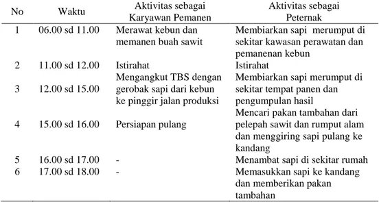 Tabel 2. Aktivitas  Harian  Karyawan  Pemanen  yang  Berusaha  Sapi  Potong  di  Bengkulu,  2009 