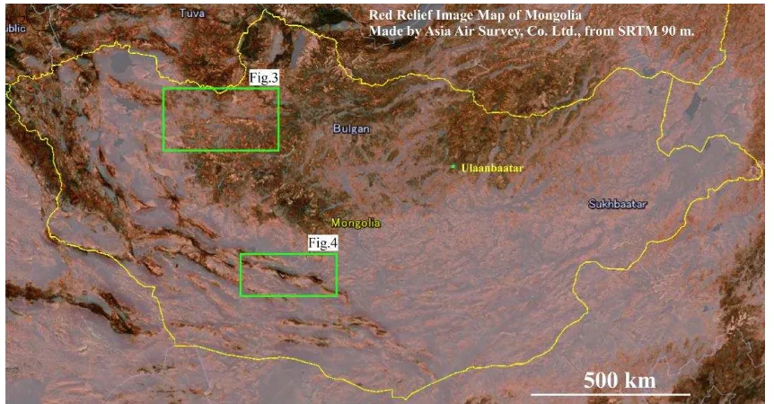 Figure 2. Topography of Mongolia. Created by SRTM3, 90m mesh digital elevation data (NASA), border line is from Google Earth)