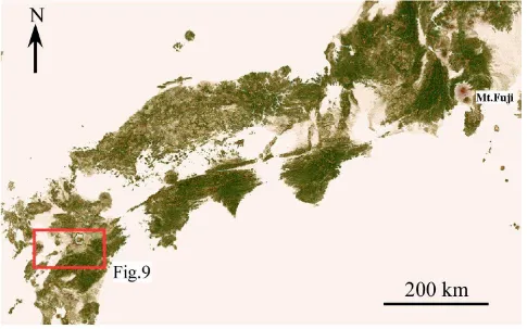 Figure 8. Topography of South Western Japan, made from GTOPO30. 