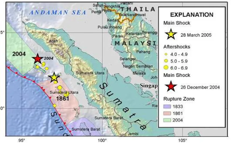 Gambar 1. Kejadian Gempa Aceh (2004) dan Gempa Nias (2005) berdasarkan data NEIC USGS 