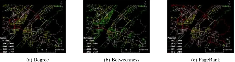 Figure 5(a)shows that the roads with high values of Figure 5. Spatial distribution of centrality in the roads Yangtze River, thereby indicating that this river considerably affects the road network structure of Wuhan City