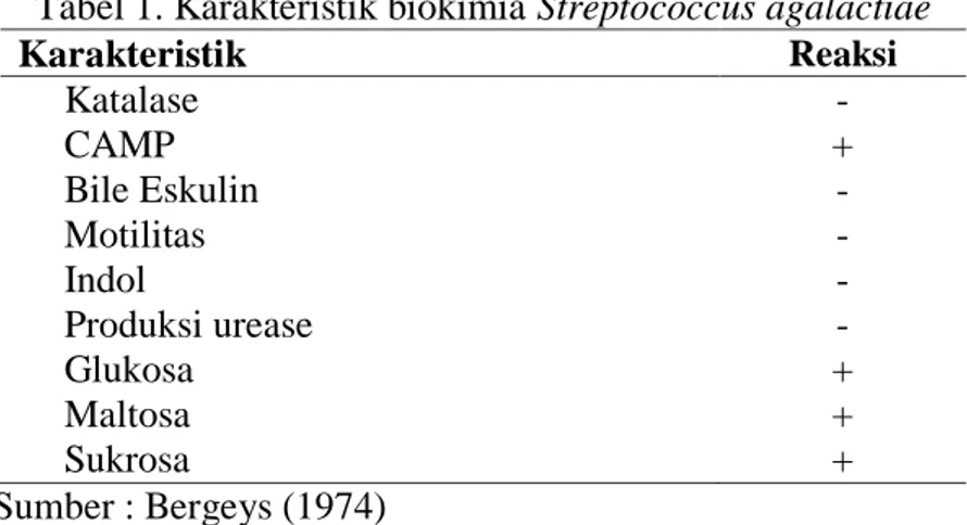 Tabel 1. Karakteristik biokimia Streptococcus agalactiae  