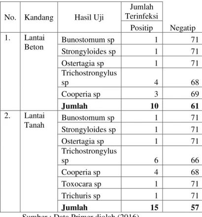 Tabel  4.1.  Hasil  Pemeriksaan  Feses  Sapi  di  UPT  Laboratorium  Kesehatan  Hewan  Tuban  Berdasarkan Metode Withlock Chamber