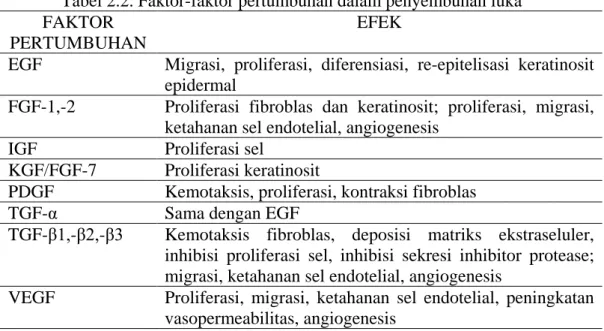 Tabel 2.2. Faktor-faktor pertumbuhan dalam penyembuhan luka FAKTOR 