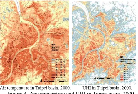 Figure 4 shows the temperature of Taipei basin, 21 June, 2000. That also demonstrates that the temperatures in Taipei city changed highly to 38.1°C, with an average of 27.32°C