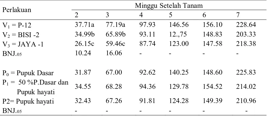 Tabel 1. Rataan tinggi tanaman (cm) dari varietas dan pupuk 