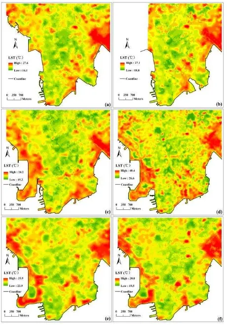 Figure 2. Spatial pattern of LST in the Kowloon Peninsula at 30 m spatial resolution (a): 1987; (b): 1990; (c): 1995; (d): 2000; (e): 2005; (f): 2009 