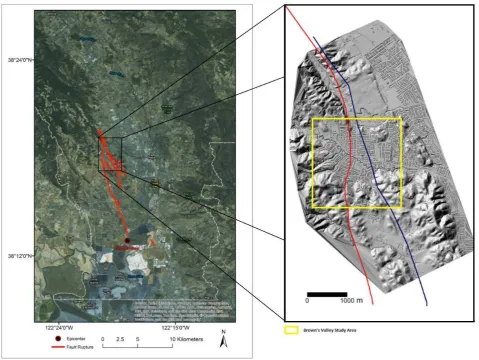 Figure 1. Map of field identified earthquake traces (red) in the Napa Valley after South Napa earthquake