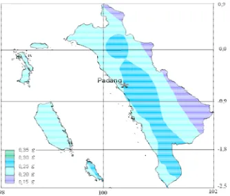Gambar 6. Peta Spektral Percepatan periode 0,2 detik di batuan dasar pada periode ulang 500 tahun wilayah Provinsi Sumatera Barat (Delfebriyadi, 2009) 