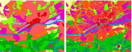 Figure 1. Land cover classes in Frankfurt am Main as seen in the CLC 2006 (left) with a coarser resolution and LBM-DE 2012 (right)   