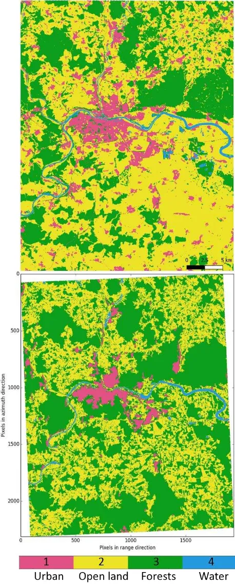 Figure 6. Top: LBM2012-DE colour coded with 4 land cover classes.  Bottom: SAR-backscatter based classifier results with the same four classes and colour coding