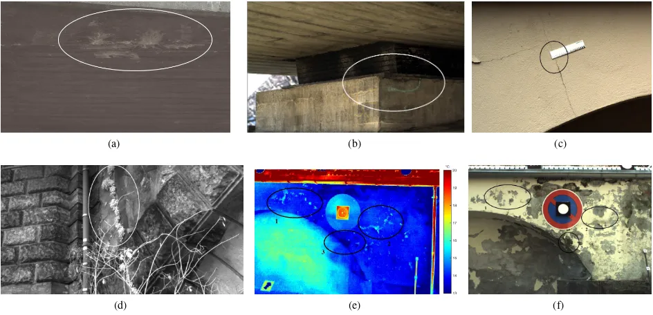 Figure 7: damage spots of: (a) efﬂorescence (RGB), (b) spalling on bridge bearing (RGB), (c) crack with a width of 0.2 mm (RGB),(d) vegetation on a sandstone bridge (NIR), (e) wet spot in circle 3 and replacement of coating from surface in circle 1 and 2 (TIR), (f)wet spot (circle 3) and replacement (circle 1 and 2) identiﬁed is not clearly visible in RGB image data.