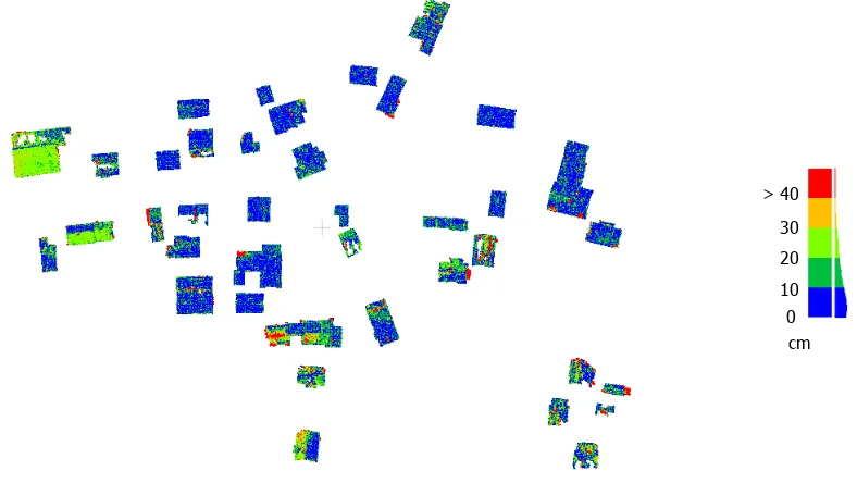 Fig 3.2: Selected internal part of building data (left), UAV points (blue) compared to ALS data (red) (right)