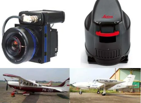 Figure 4. Aircraft and cameras used (left : Cessna 206t with Trimble P65+, right : Cessna 402b with Leica RCD30) 