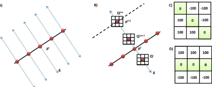 Figure 3. Determining the point position in the next image using the oriented gradient algorithm: A) calculating the normal at sample 