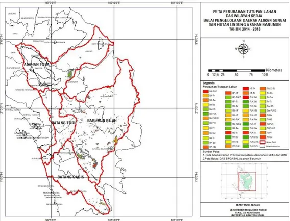 Gambar 6. Peta perubahan tutupan lahan 2014-2018 di lokasi penelitian  Pola  perubahan  tutupan  lahan  yang  terjadi  di  wilayah  penelitian  periode  2014-2018  dianalisis  menggunakan  matriks  tabulasi  silang  (cross  tabulation)