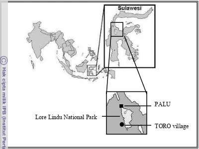 Figure 3.2.  Map of study area, Toro village at the northeastern margin of Lore 