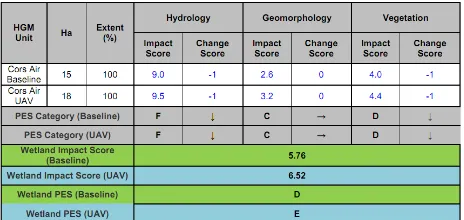 Table 2. Summary of present wetland health based on the Wet- Health assessment (baseline and UAV) 