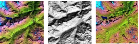 Figure 6 Example of topographic correction. Left image: without topographic correction; Middle: slope image derived from a DEM; Right: with topographic correction