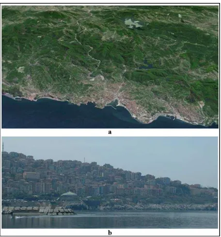 Figure 1. Zonguldak and its surrounding from Google Earth (a),  and an example of Zonguldak topography (b)