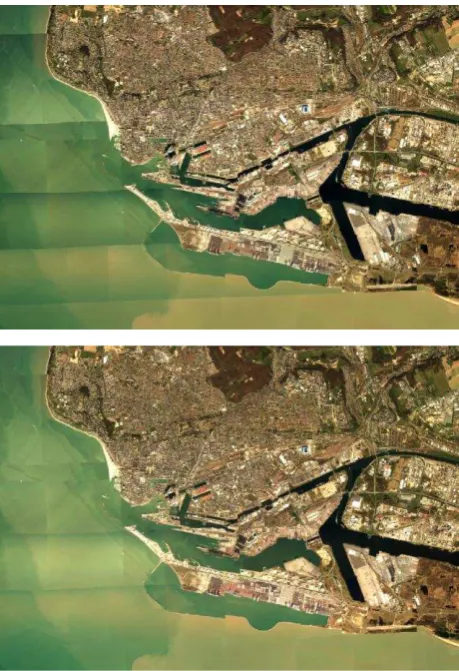Figure 5. Radiometric normalization of heterogeneous water areas in Le Havre, France. Top: imagery after gradient cor-rection; bottom: final normalization result