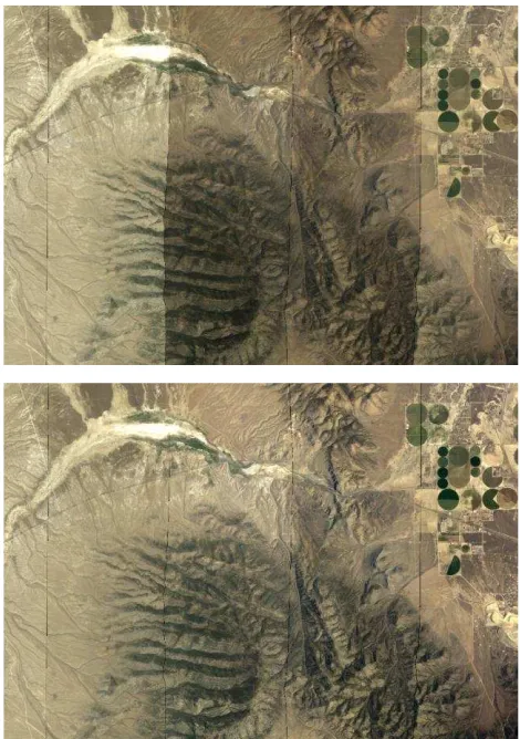 Figure 9. ADS100 ortho-image mosaic in Nevada. Top: image strips after atmospheric and BRDF correction; bottom: result of the radiometric normalization