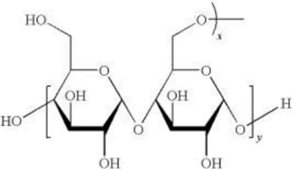 Gambar 3. Struktur Kimia Maltodekstrin (Sumber: Carreto dkk, 2009)  Maltodekstrin  dibuat  pada  suhu  95  ±  30°C  karena  suhu  gelatinisasi  sudah  terlewati,  sehingga  hidrolisis  dapat  lebih  mudah  terjadi