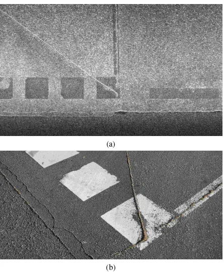 Figure 5: Zoom (4 m x 4 m) of gully covers and street intersec-tion: (a) SAR image zoom of the center of Fig