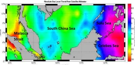 Figure 1. Map of absolute sea level trend over Malaysian seas. Units are in mm yr-1 (Din, 2014)  