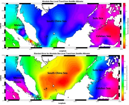Figure 11. Map of absolute sea level trend (upper) and its standard error (lower) over the Malaysian Seas  